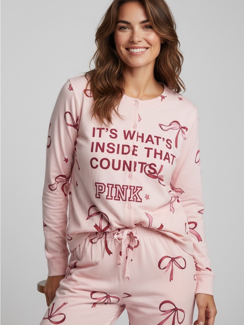 PINK Victoria's Secret Light Pink Bow-Print Button Front Pajama Set